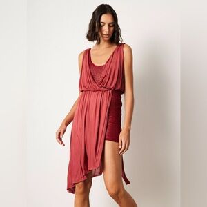 Free People Eleanor Dress Draped Overlay Asymmetrical Tuscan Red Small Holiday